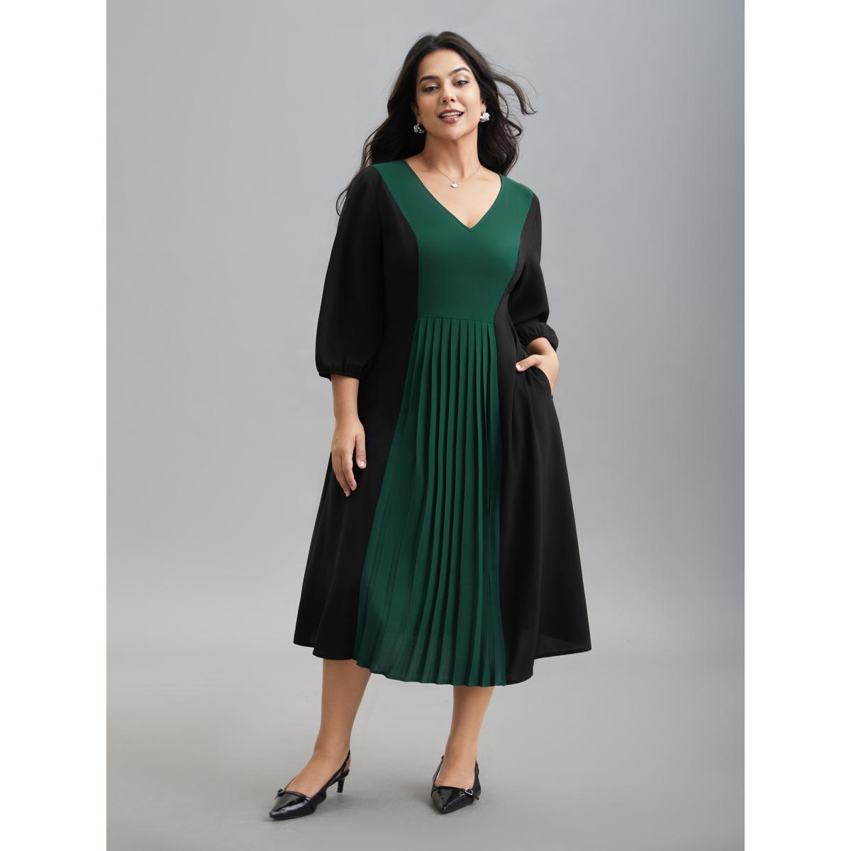 Plus Size Color Block V-Neck Pleated Midi Dress DarkGreen Women At the Office Contrast V-neck Elbow-length sleeve Curvy BloomChic 14-16/1X Product Image