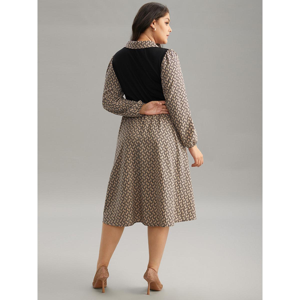 Plus Size Geometric Patchwork Lapel Collar Lantern Sleeve Dress Tan Women Office Elastic cuffs Lapel Collar Long Sleeve Curvy Midi Dress BloomChic 26/4X Product Image