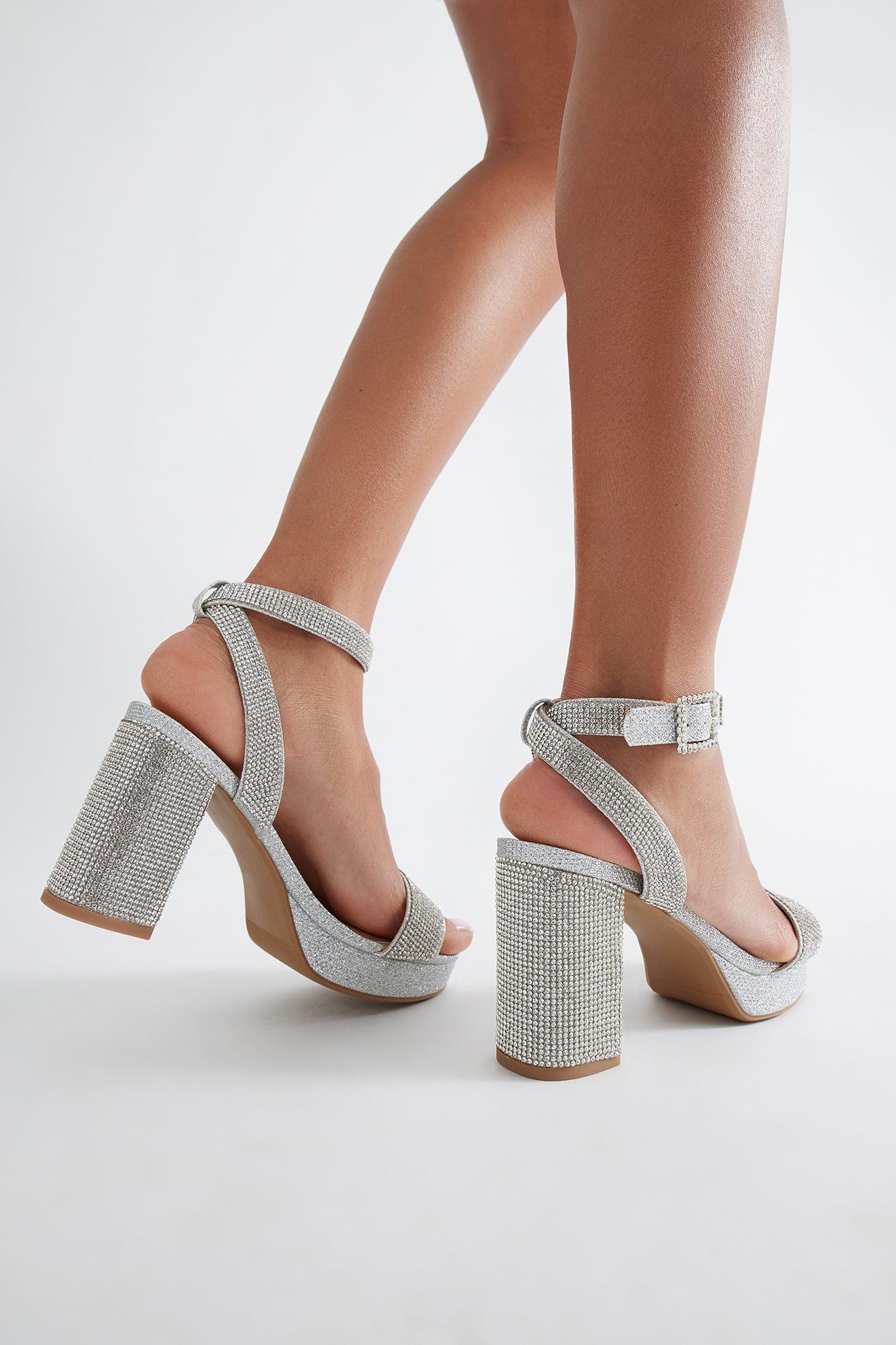 Brissie Rhinestone Ankle Strap Heels - Silver Female Product Image