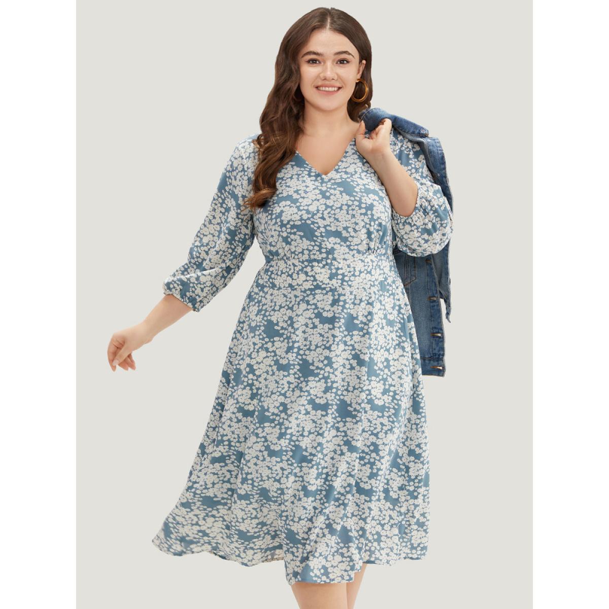 Plus Size Ditsy Floral Pleated Detail Lantern Sleeve Dress LightBlue Women Elegant Elastic cuffs V-neck Elbow-length sleeve Curvy Midi Dress BloomChic 12/L Product Image