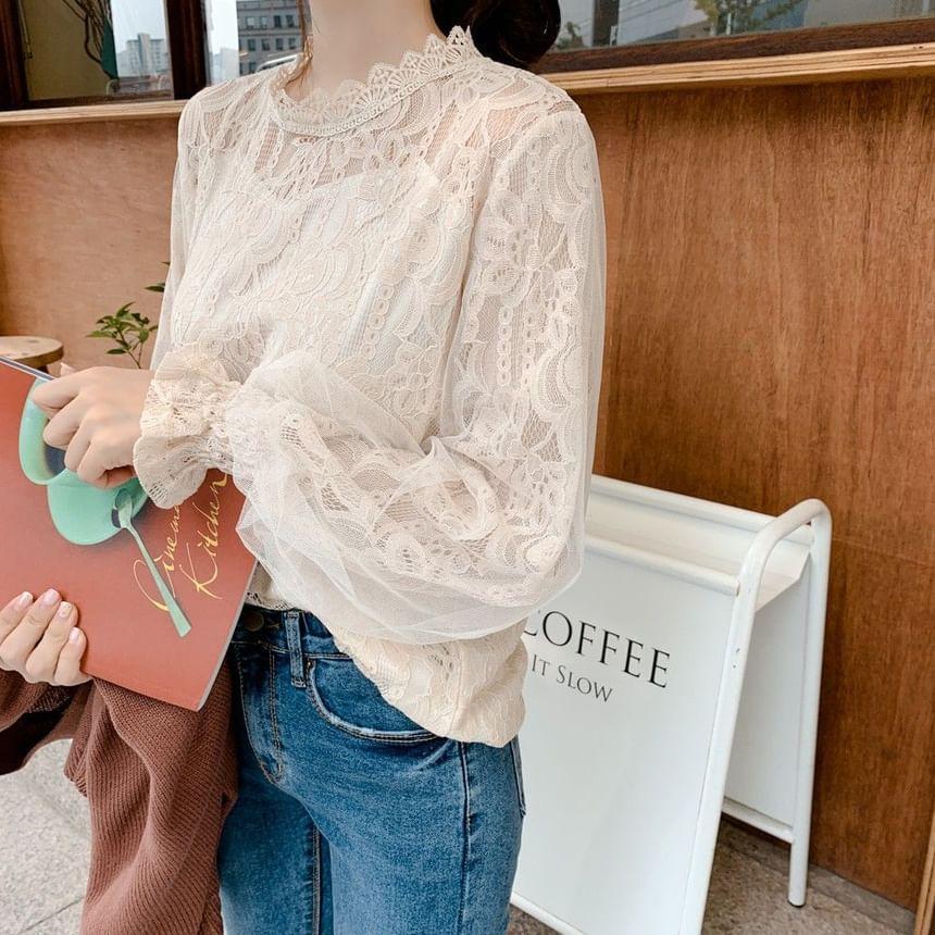 Balloon Mesh Sleeve Stand Collar Plain Lace Blouse Product Image