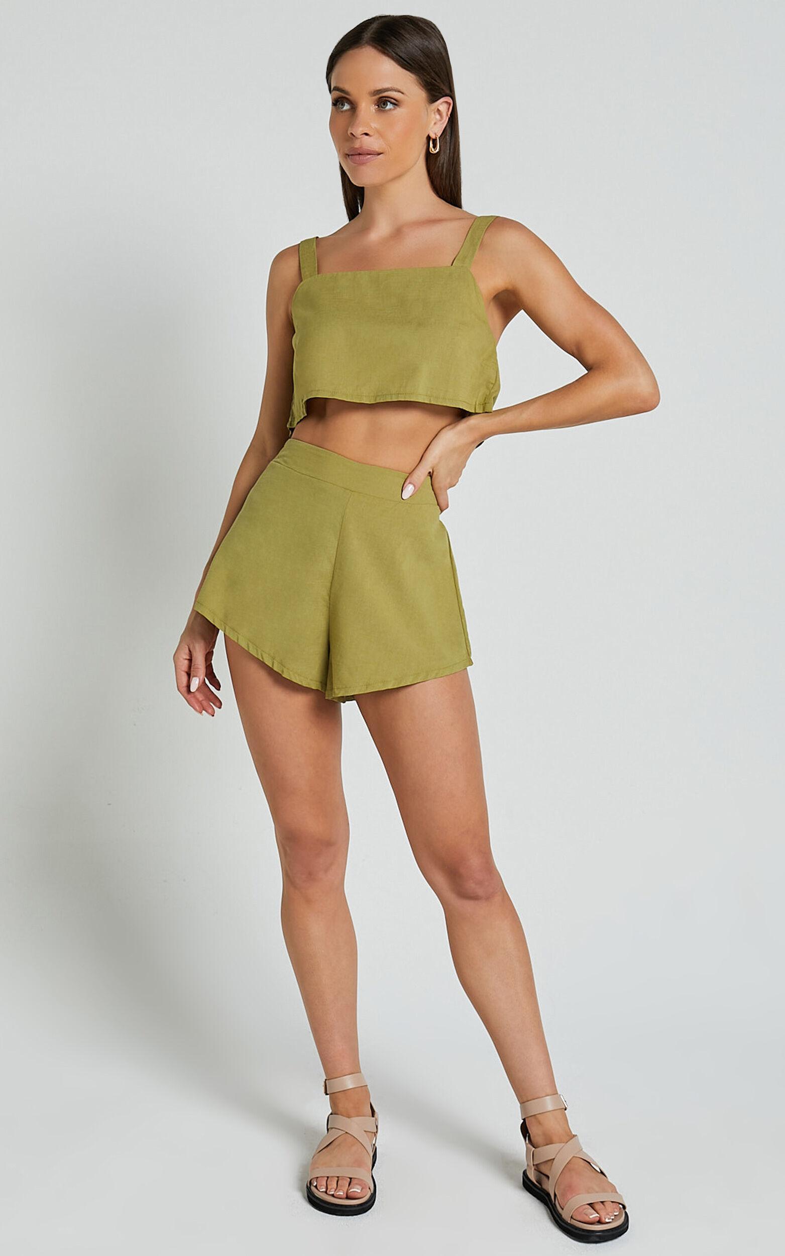 Zanrie Two Piece Set - Linen Look Square Neck Crop Top and High Waist Mini Flare Shorts Set in Celery Product Image