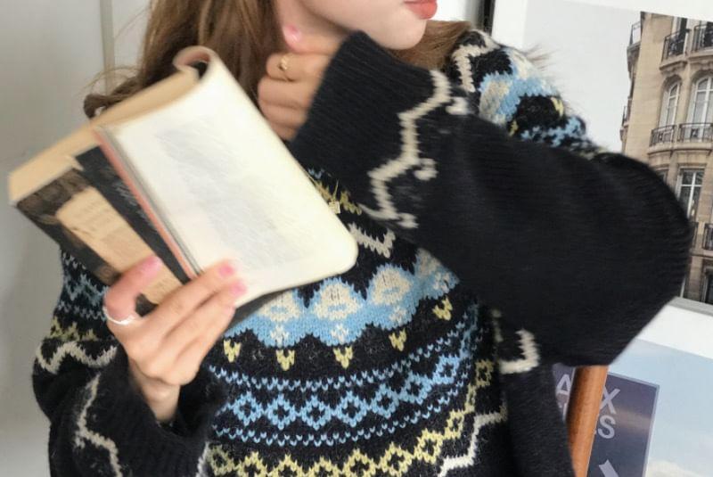 Crew Neck Patterned Oversized Sweater Product Image