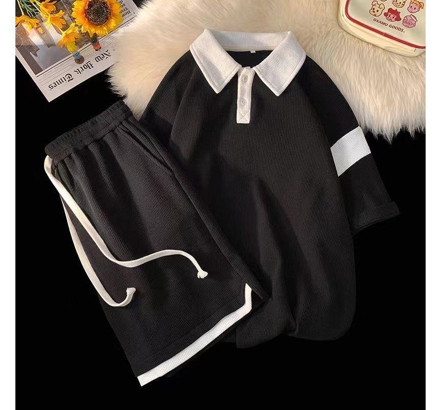 Set: Short-Sleeve Two Tone Panel Polo Shirt + Drawstring Waist Sweat Shorts Product Image