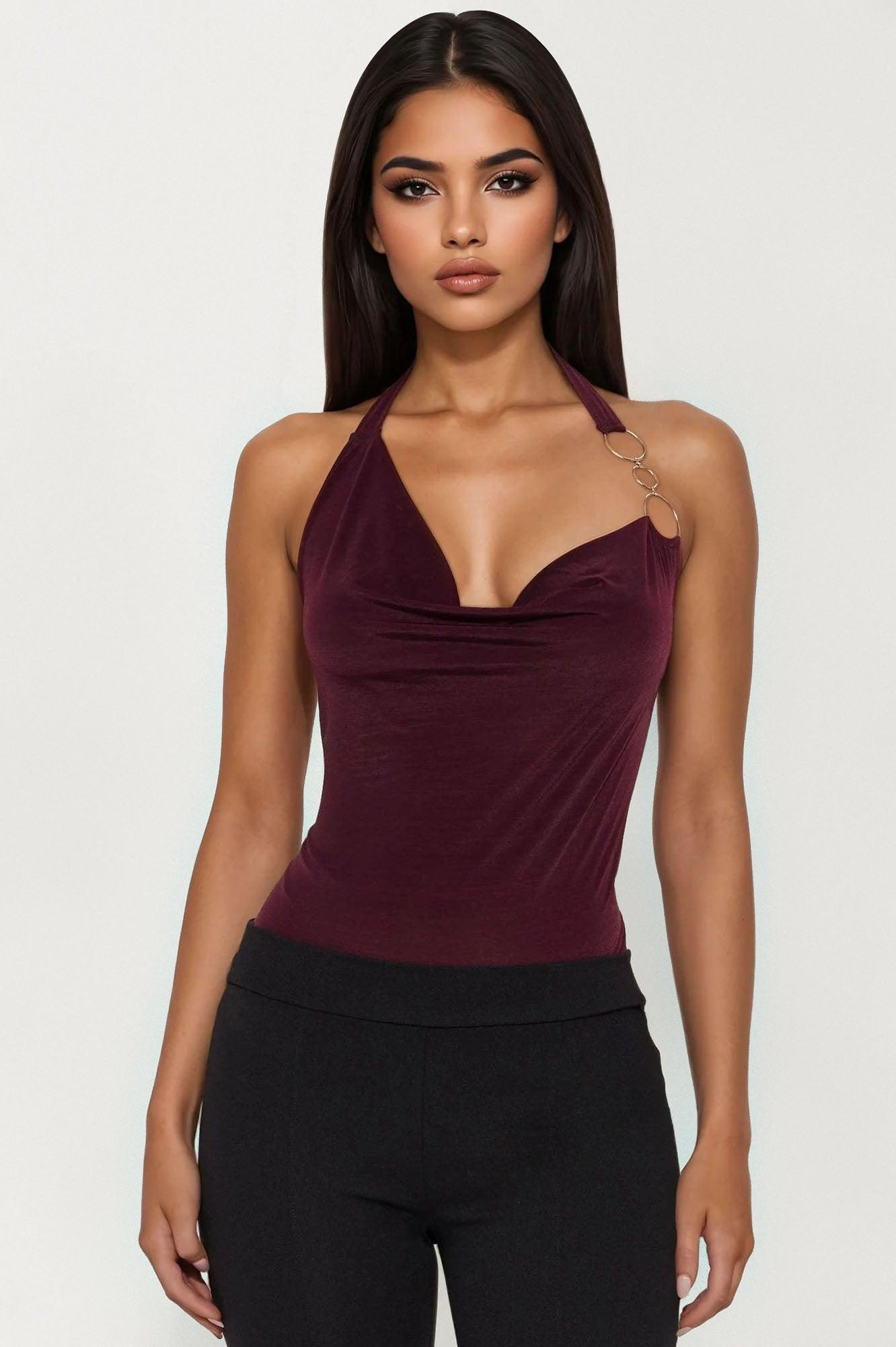 90's Sass Cowl Neck Halter Top - Burgundy Female Product Image