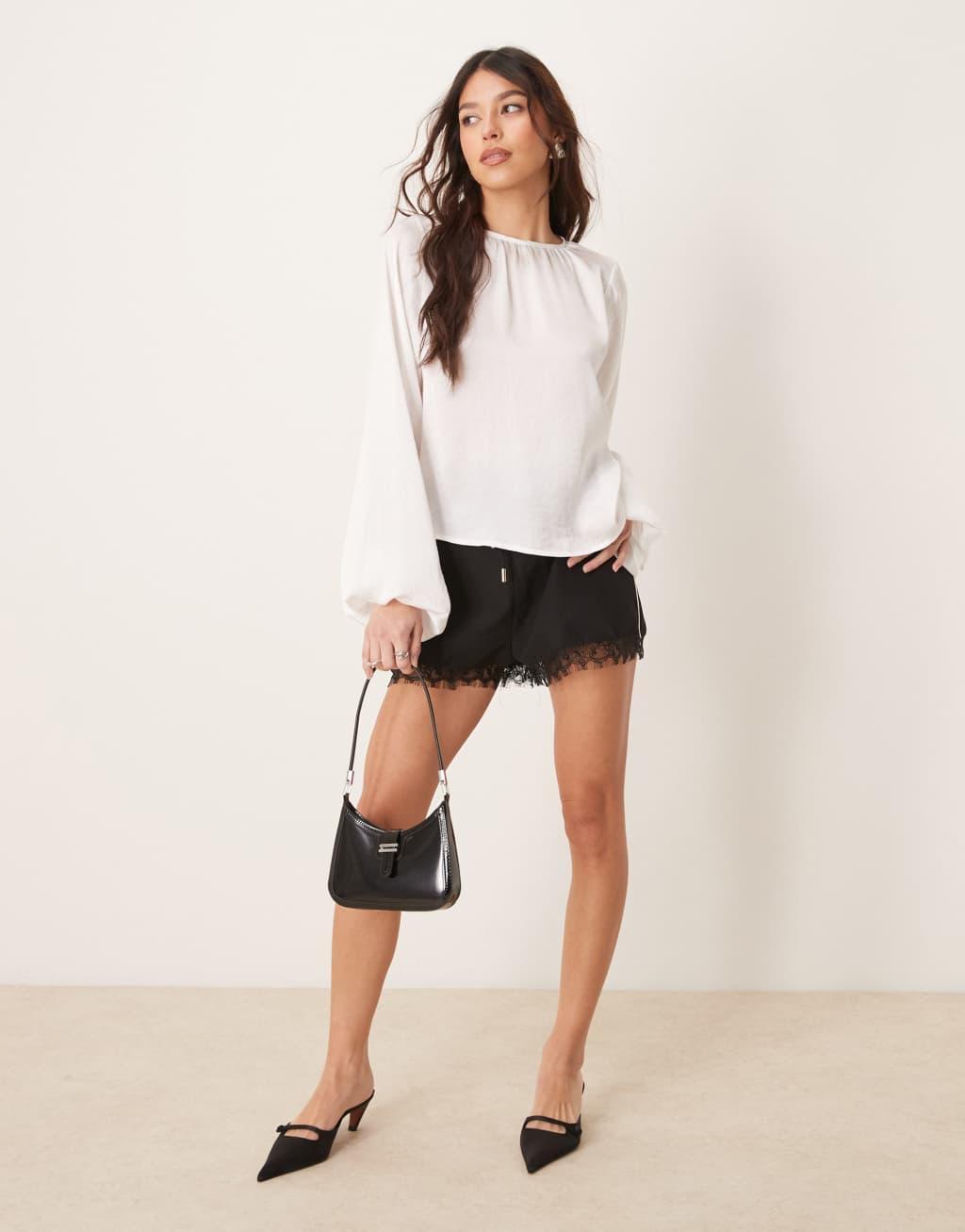 ASOS DESIGN satin volume sleeve blouse in ivory Product Image