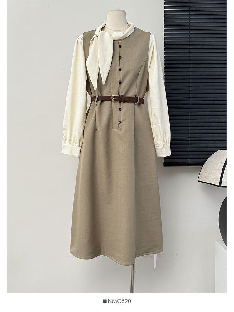 Set: Tie-Neck Loose Blouse + Sleeveless A-Line Dress Product Image