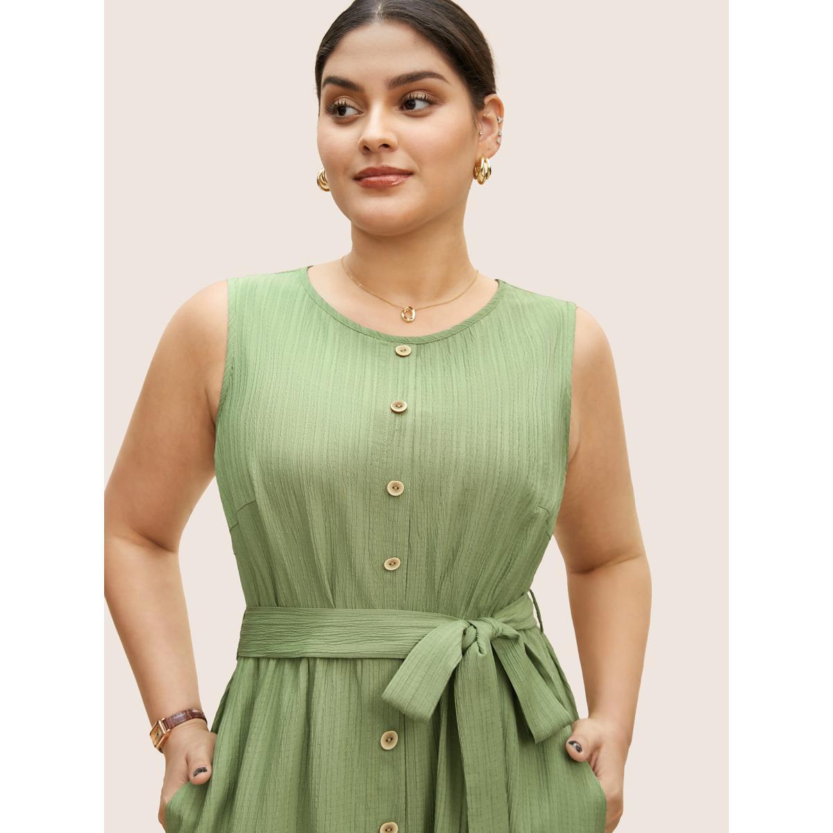 Plus Size Plain Textured Crew Neck Button Detail Midi Dress Palemauve Women Work From Home Belted Round Neck Sleeveless Curvy BloomChic 28/5X Product Image
