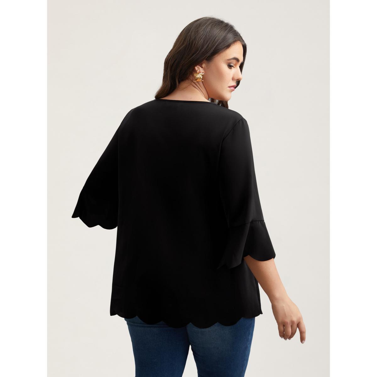 Plus Size Black Beads Embellished Scalloped Hem Shirt Women Elegant Elbow-length sleeve Round Neck Everyday Blouses BloomChic 10/M Product Image