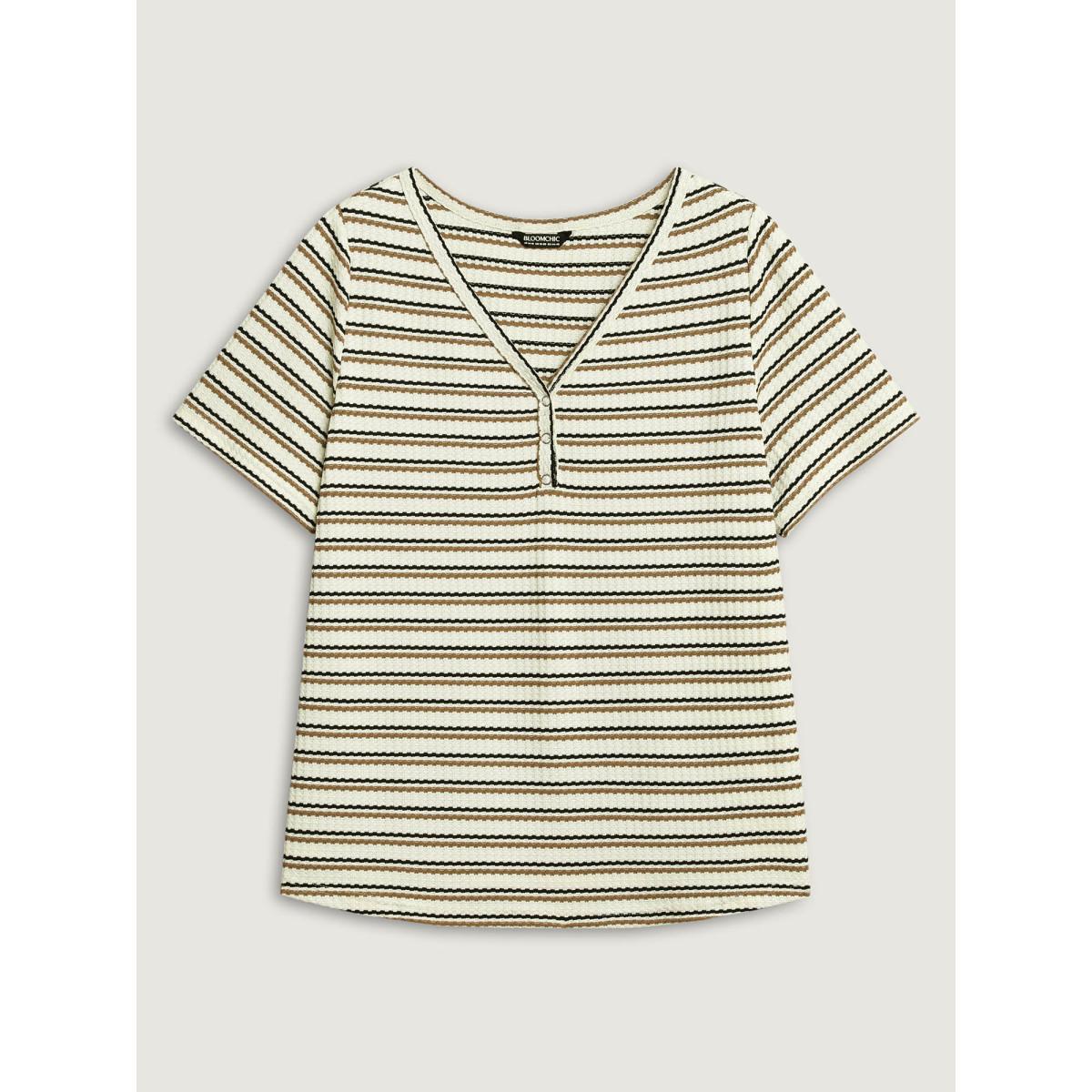Plus Size Waffle Stripe Button Detail T-Shirt Apricot Women Texture V-neck Everyday-Casual T-shirts BloomChic 28/5X Product Image