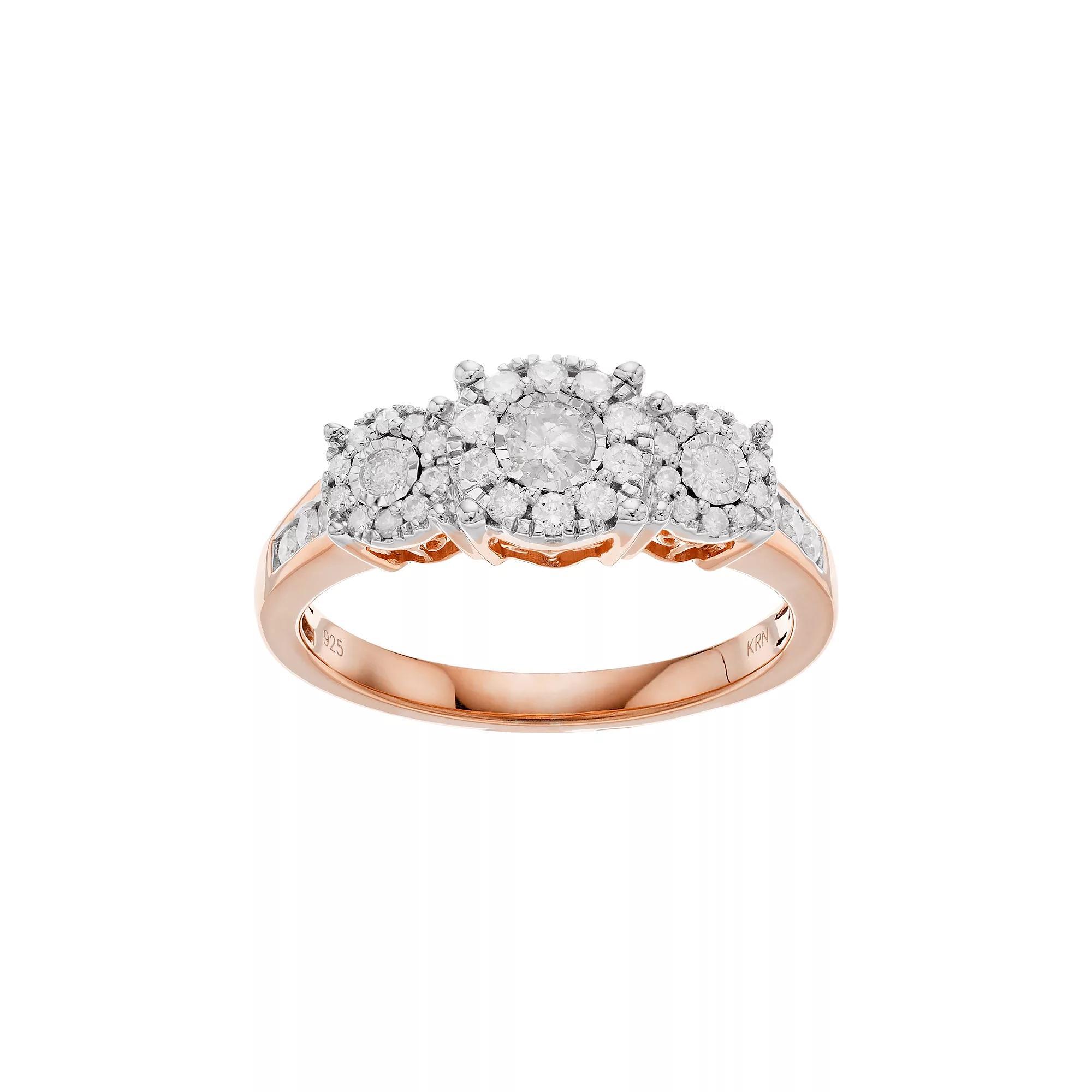 Sterling Silver 1/2 Carat T.W. Diamond 3-Stone Cluster Engagement Ring, Women's, Size: 7, 14k Rose Gold Over Product Image