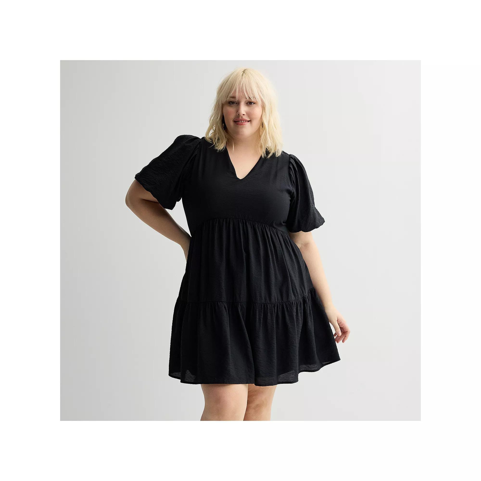 Plus Size Nine West Bubble Sleeve Babydoll Dress, Women's, Size: 0X, Mineral Black Product Image