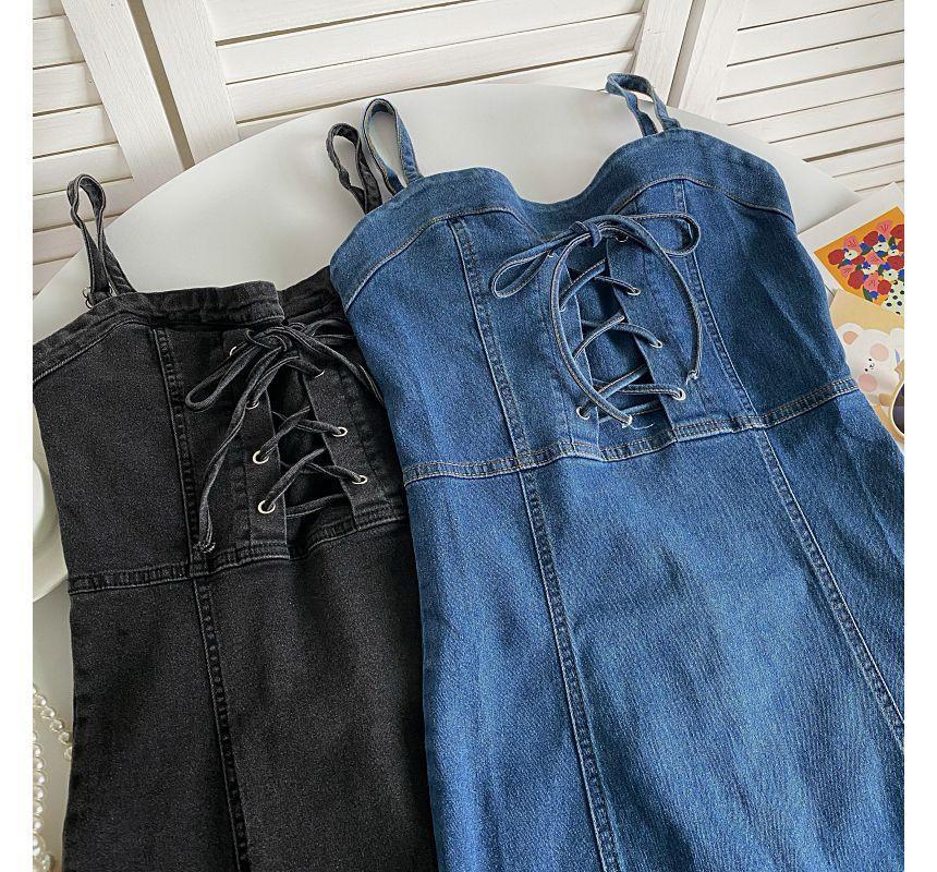 Spaghetti Strap Plain Lace-Up Denim Mini A-Line Dress Product Image