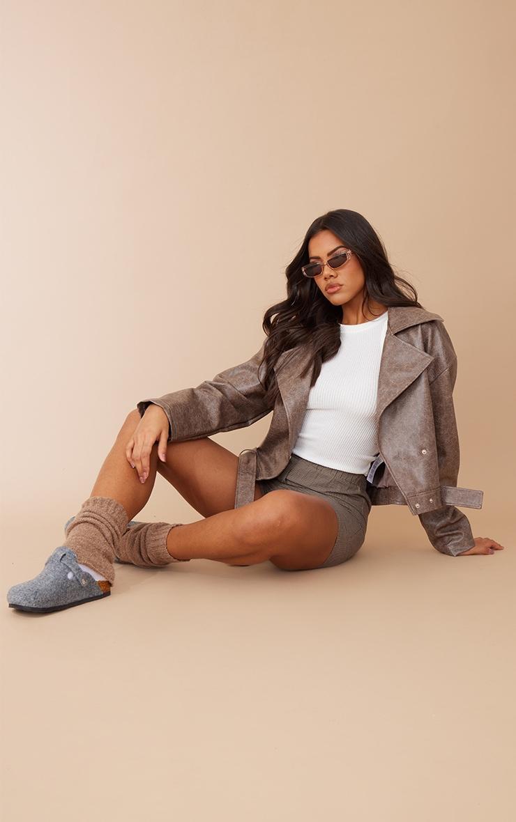 Brown Distressed Faux Leather Belted Relaxed Fit Biker Jacket Product Image