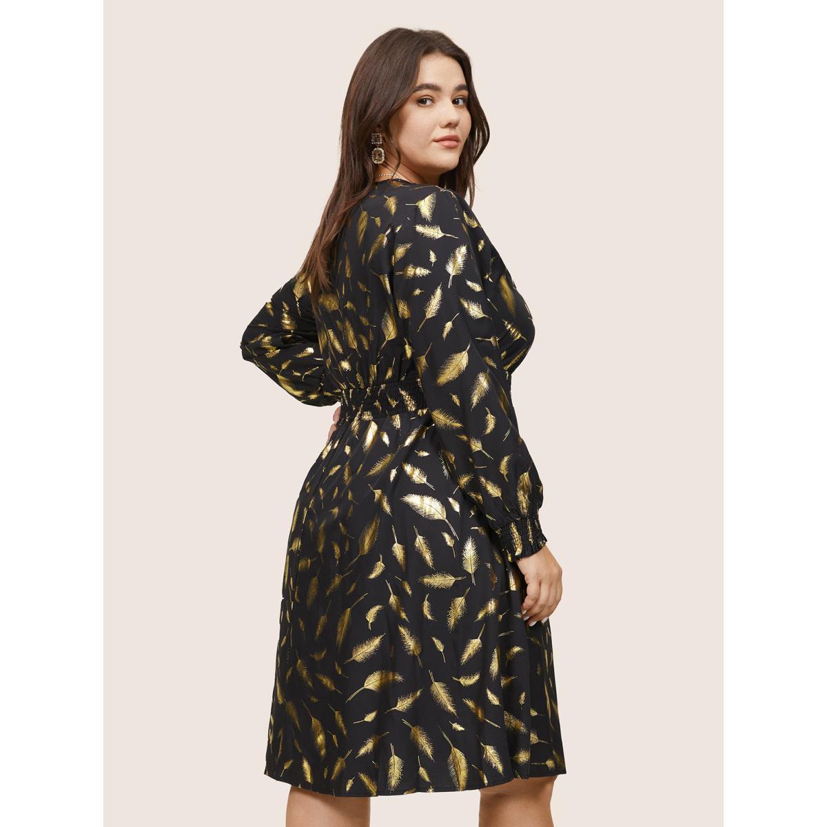 Plus Size Feather Glitter Shirred Elastic Cuffs Dress Black Women Cocktail Printed V-neck Long Sleeve Curvy Midi Dress BloomChic 14-16/1X Product Image