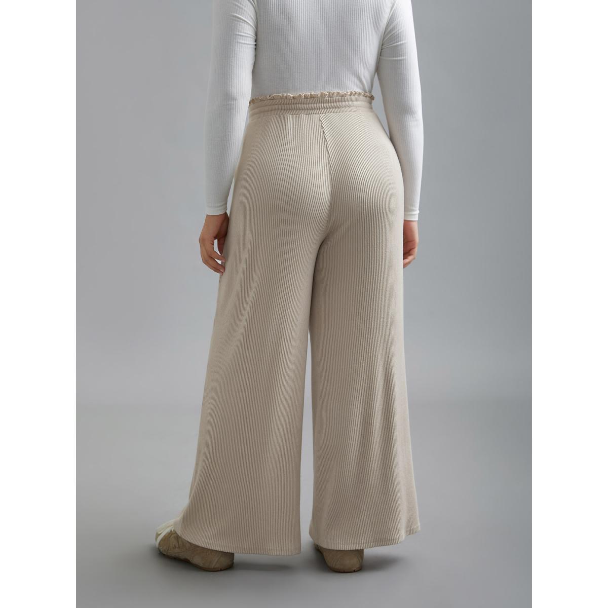 Plus Size Solid Drawstring Fit Stretch Pants Women Apricot Casual Wide Leg Mid Rise Everyday Pants BloomChic 22-24/3X Product Image