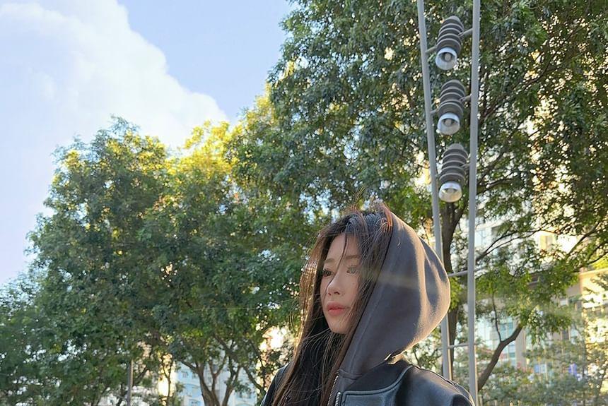 Plain Zip Hoodie / Plain Faux Leather Zip Baseball Jacket Product Image