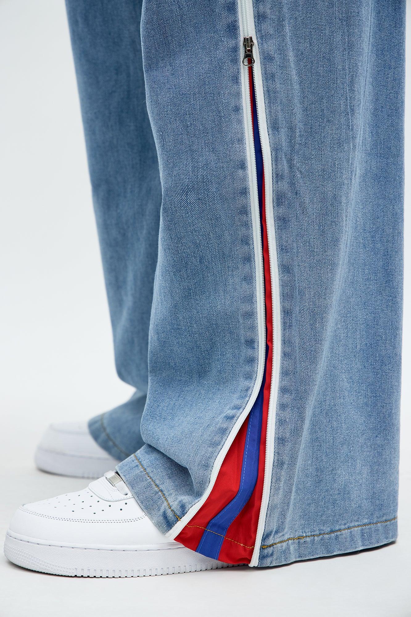 Baggy Side Stripe Zip Hit Jeans - Medium Blue Wash Product Image