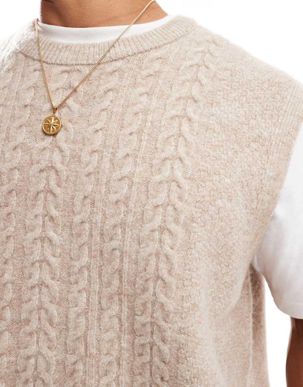 ASOS DESIGN relaxed knit cable tank in oatmeal Product Image