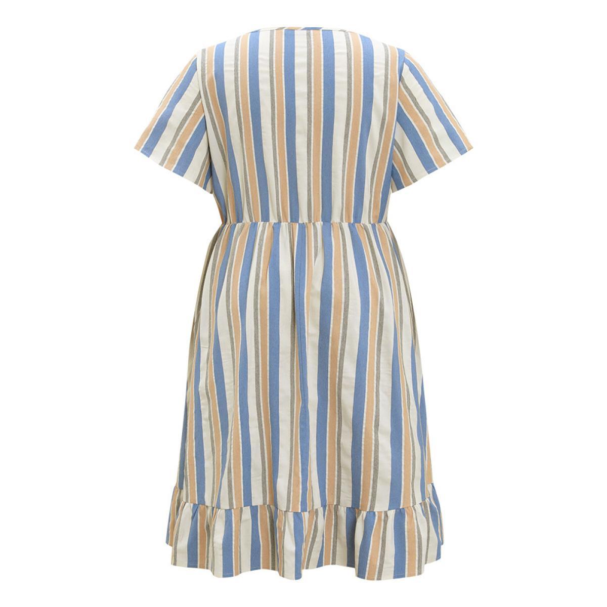 Plus Size Striped Print Button Detail Pocket Flutter Hem Dress Stone Women Vacation Contrast V-neck Short sleeve Curvy Midi Dress BloomChic 18-20/2X Product Image