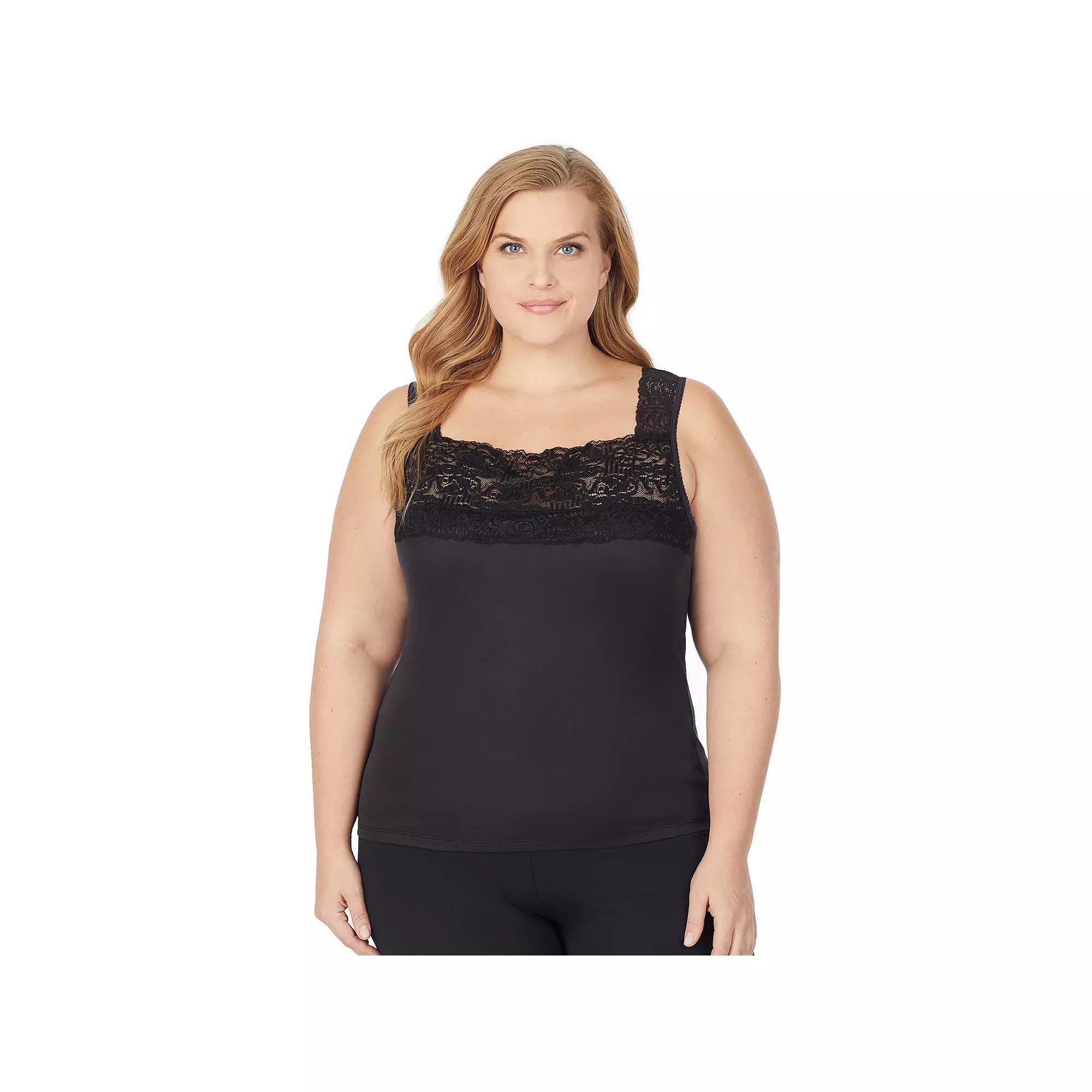 Plus Size Cuddl Duds® SofTech Lace-Trim Squareneck Tank Top, Women's, Size: 2XL, Black Product Image