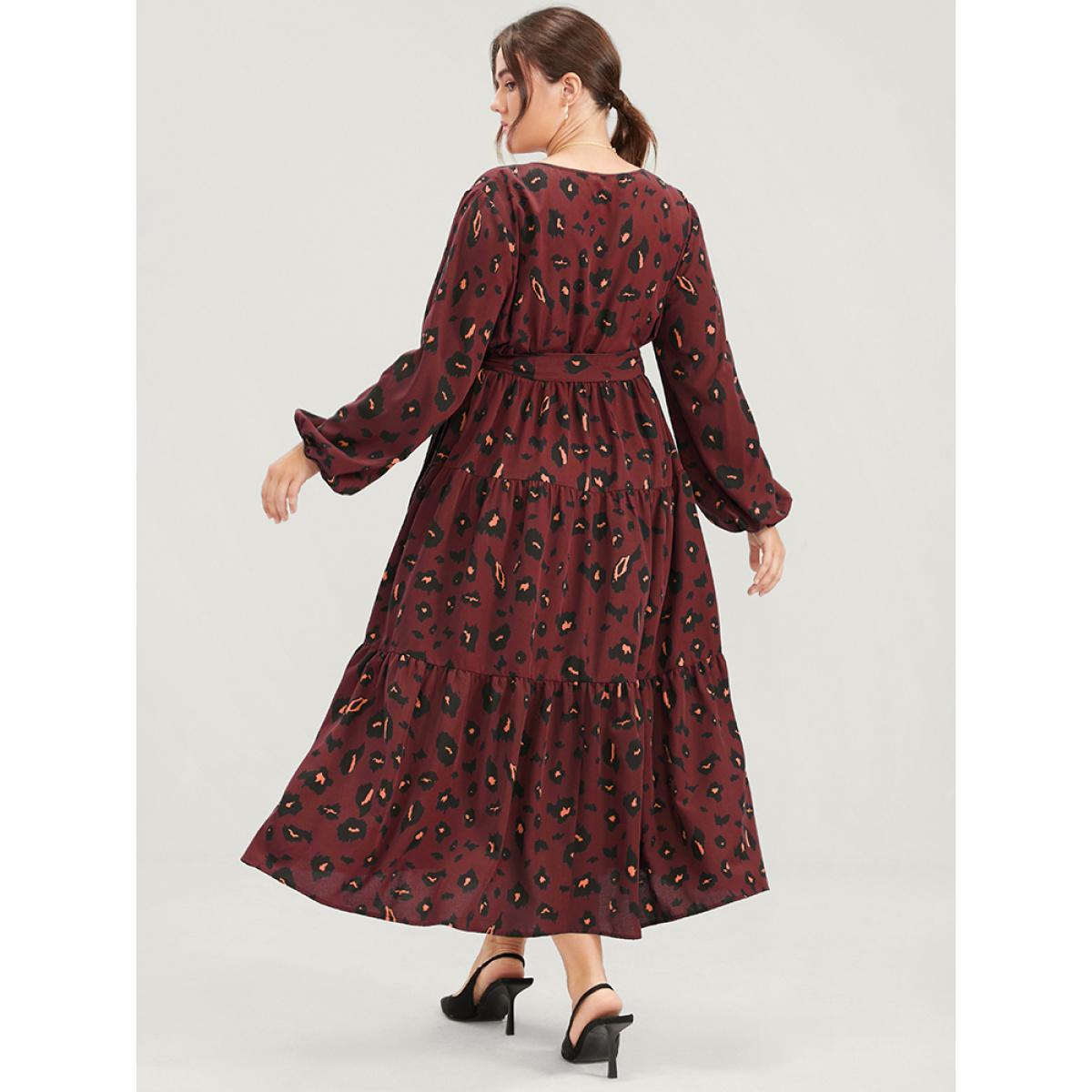 Plus Size Pocket Button Surplice Neck Allover Print Belted Dress Scarlet Women Party Cross straps V-neck Long Sleeve Curvy Long Dress BloomChic 26/4X Product Image
