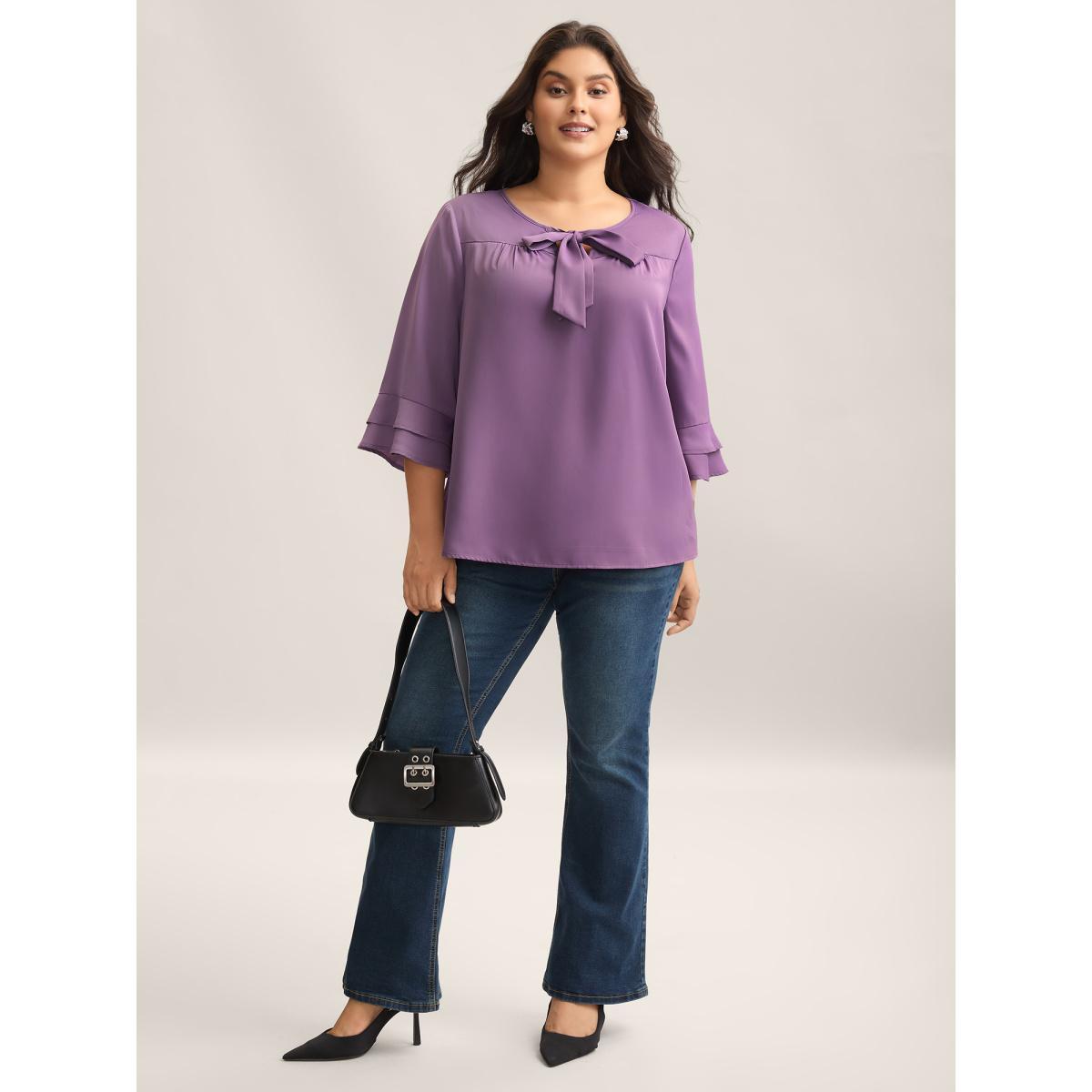 Plus Size Purple Solid Ribbon Tied Collar Bell Sleeve Blouse Women At the Office Elbow-length sleeve Ribbon-tied collar Work Blouses BloomChic 22-24/3X Product Image