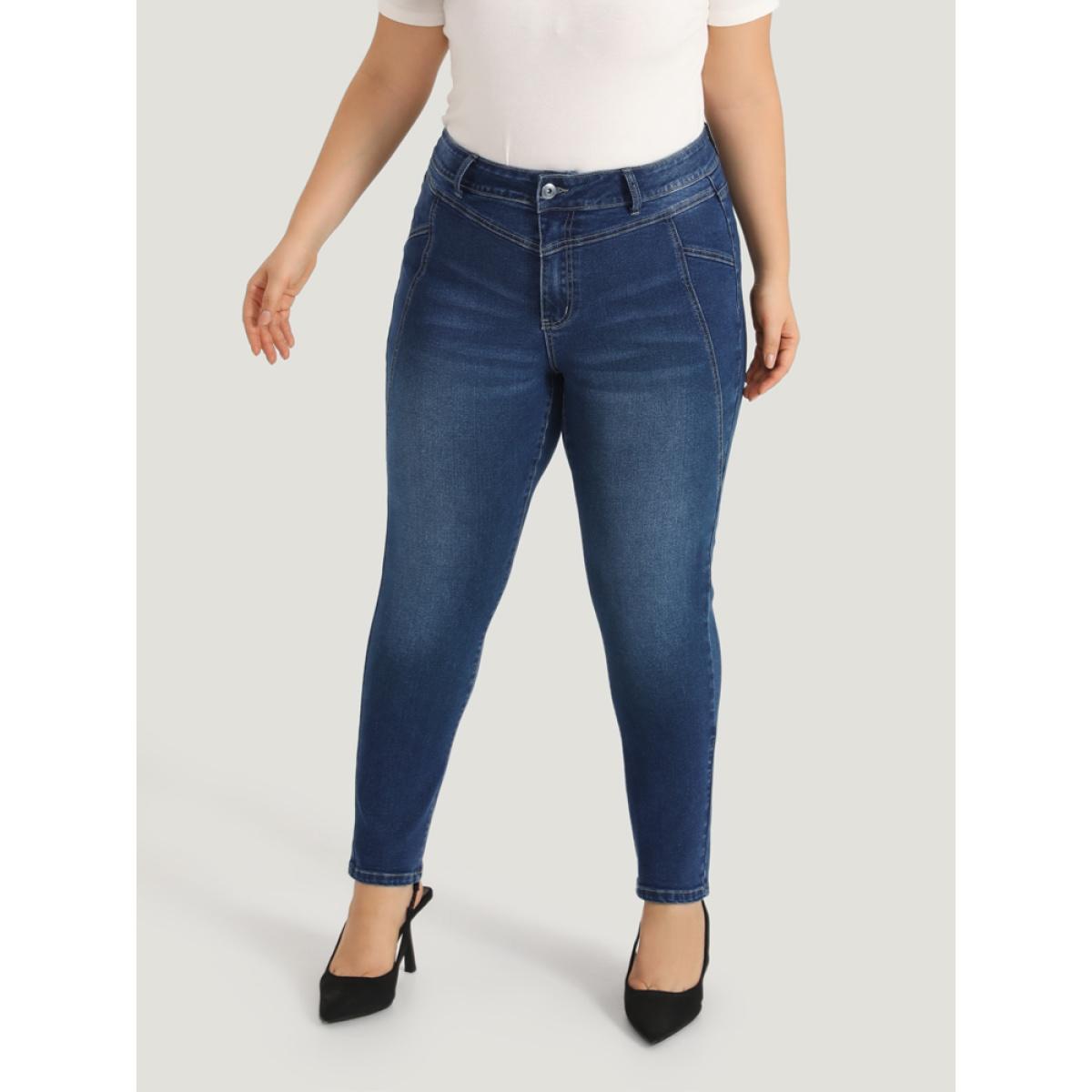 Plus Size Solid Very Stretchy Patchwork High Rise Jeans Women Blue Casual Plain Plain High stretch Pocket Jeans BloomChic 24/3X Product Image