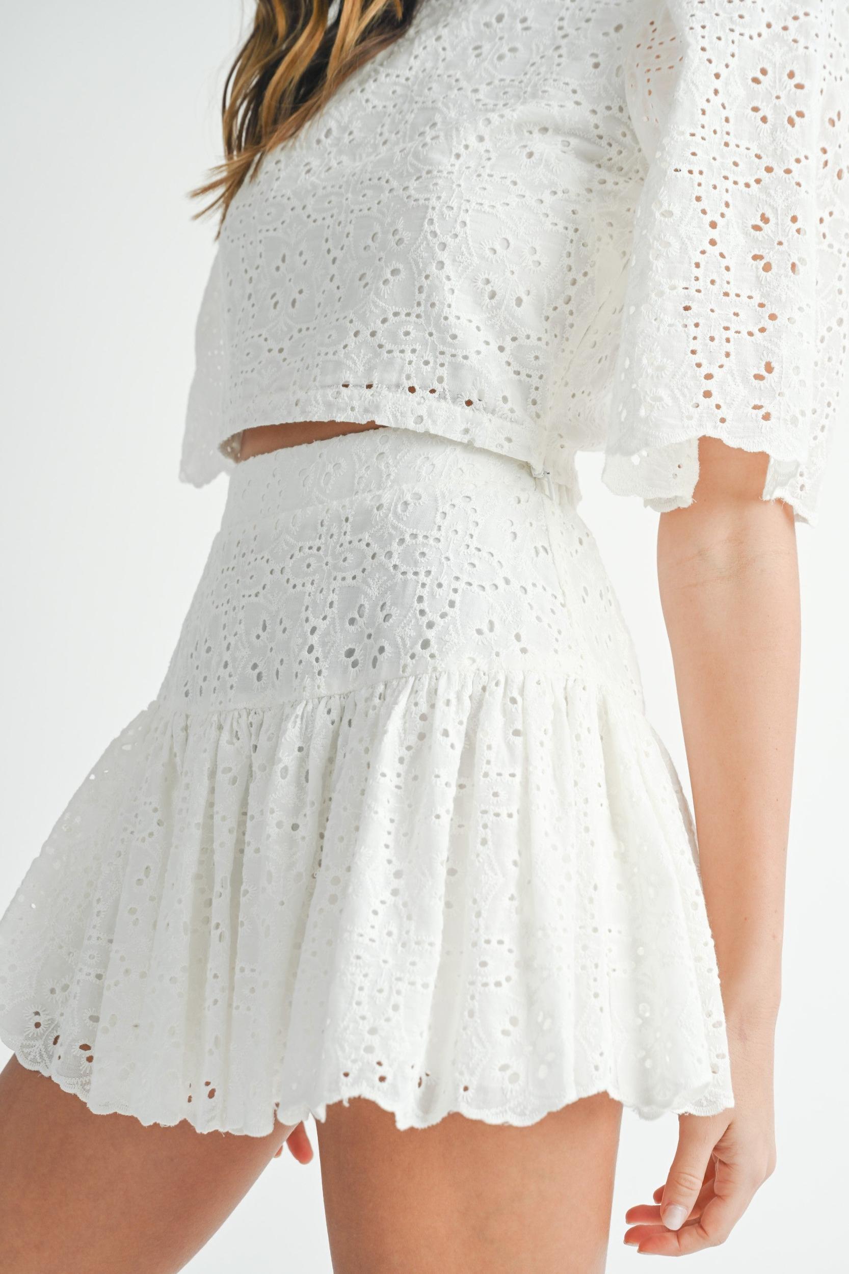 Eyelet Lace Puff Sleeve Crop Top & Skirt Set Product Image