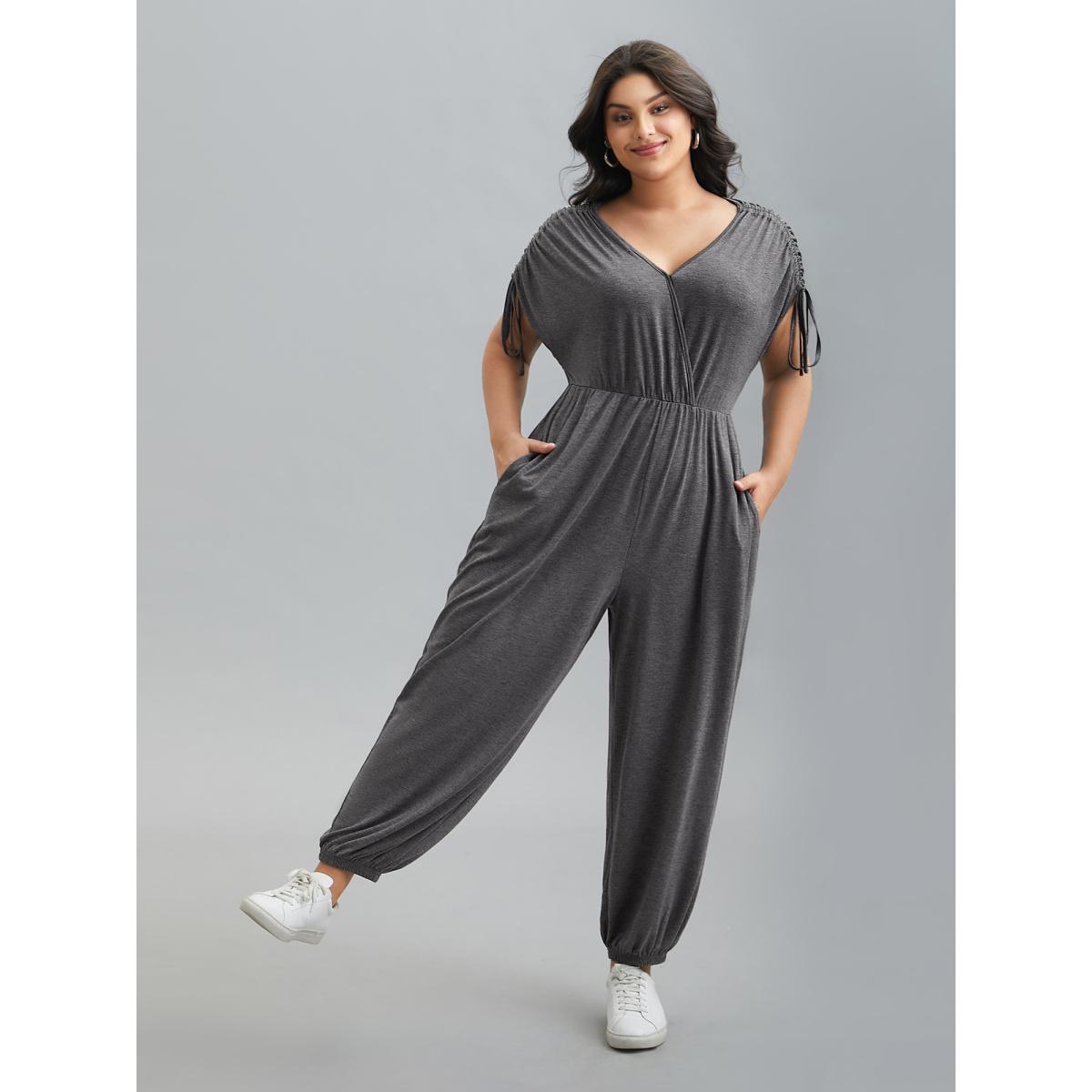 Plus Size DimGray Surplice Neck Drawstring Stretch Jumpsuit Women Casual Short sleeve Overlap Collar Everyday Loose Jumpsuits BloomChic 28/5X Product Image
