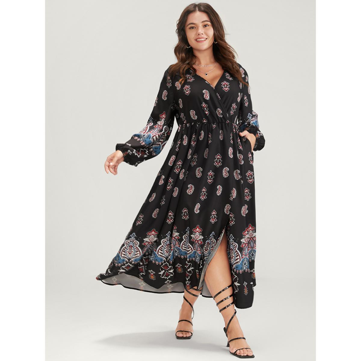 Plus Size Paisley Pocket Split Wrap Maxi Dress Black Women Vacation Pocket V-neck Long Sleeve Curvy Long Dress BloomChic 18-20/2X Product Image