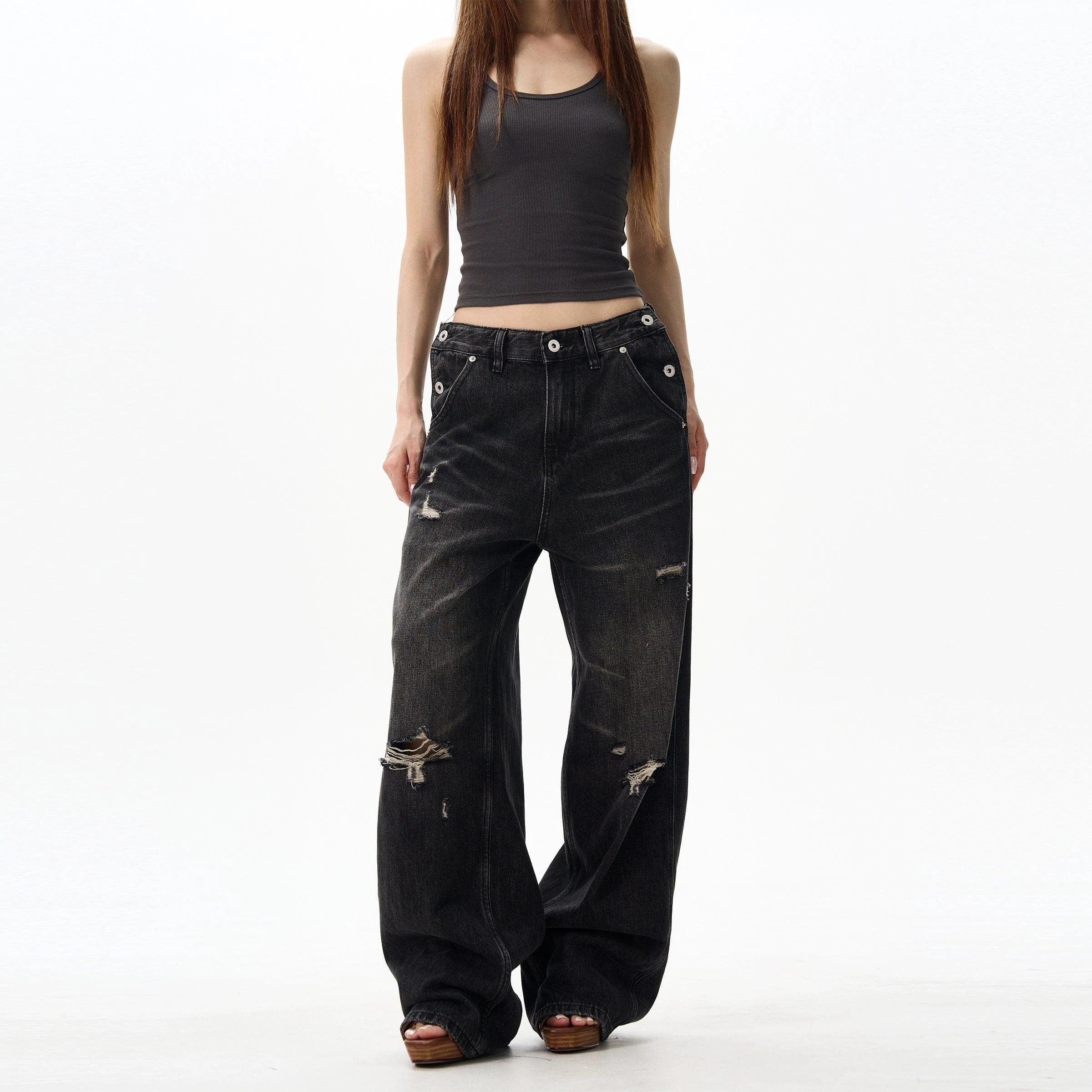 RT No. 18030 BLACK DISTRESSED DENIM STRAIGHT JEANS Product Image