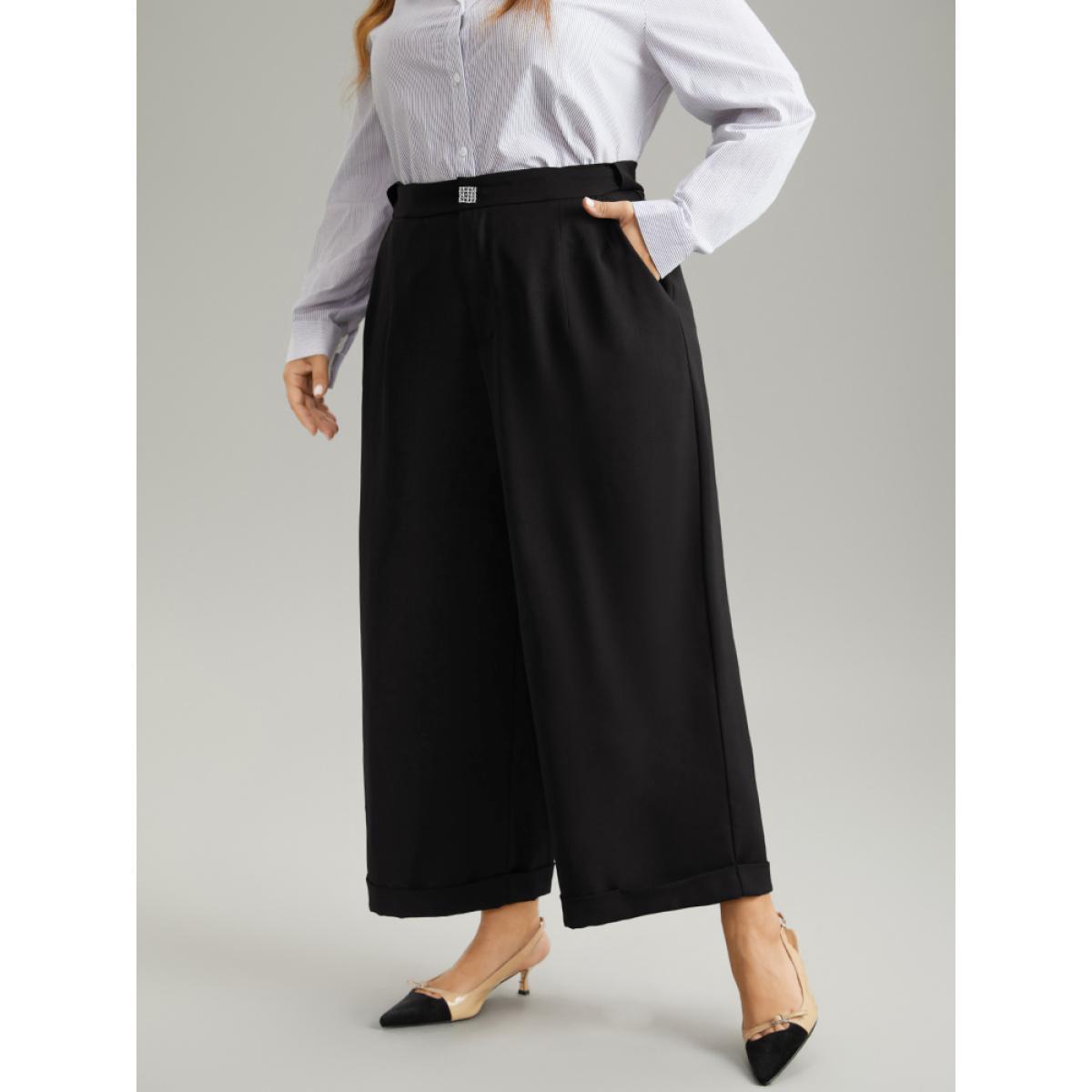 Plus Size Plain Metal Detail Pocket Wide Leg Pants Women Black Office Wide Leg High Rise Work Pants BloomChic 14-16/1X Product Image
