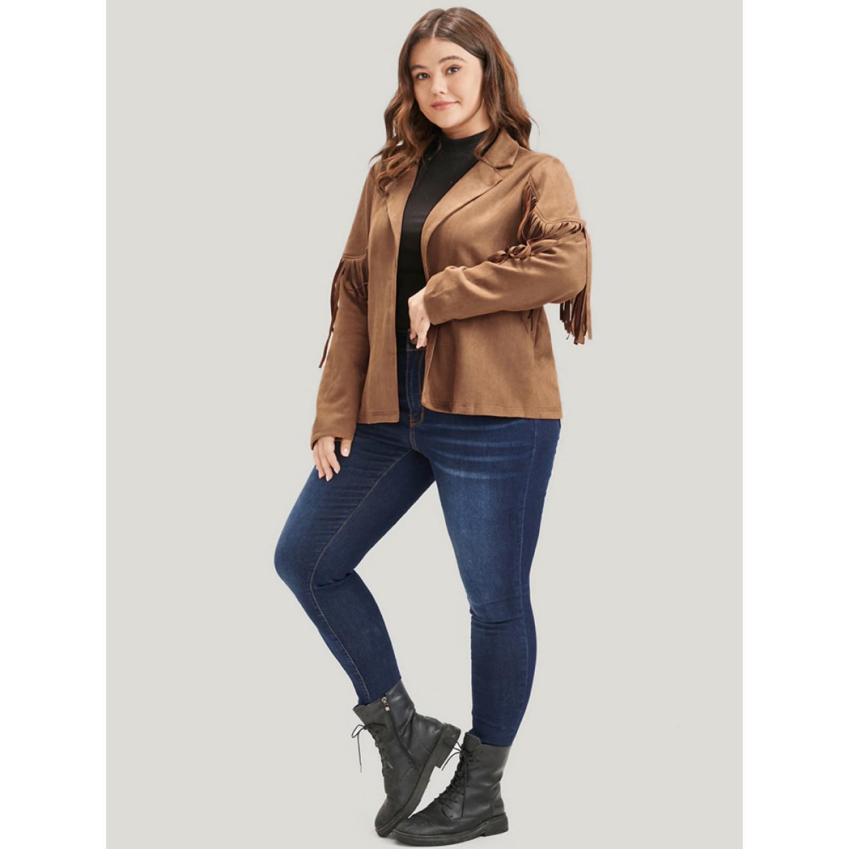 Plus Size Solid Fringe Trim Open Front Coat Women Bronze Party Tassels Ladies Going out Winter Coats BloomChic 14-16/1X Product Image