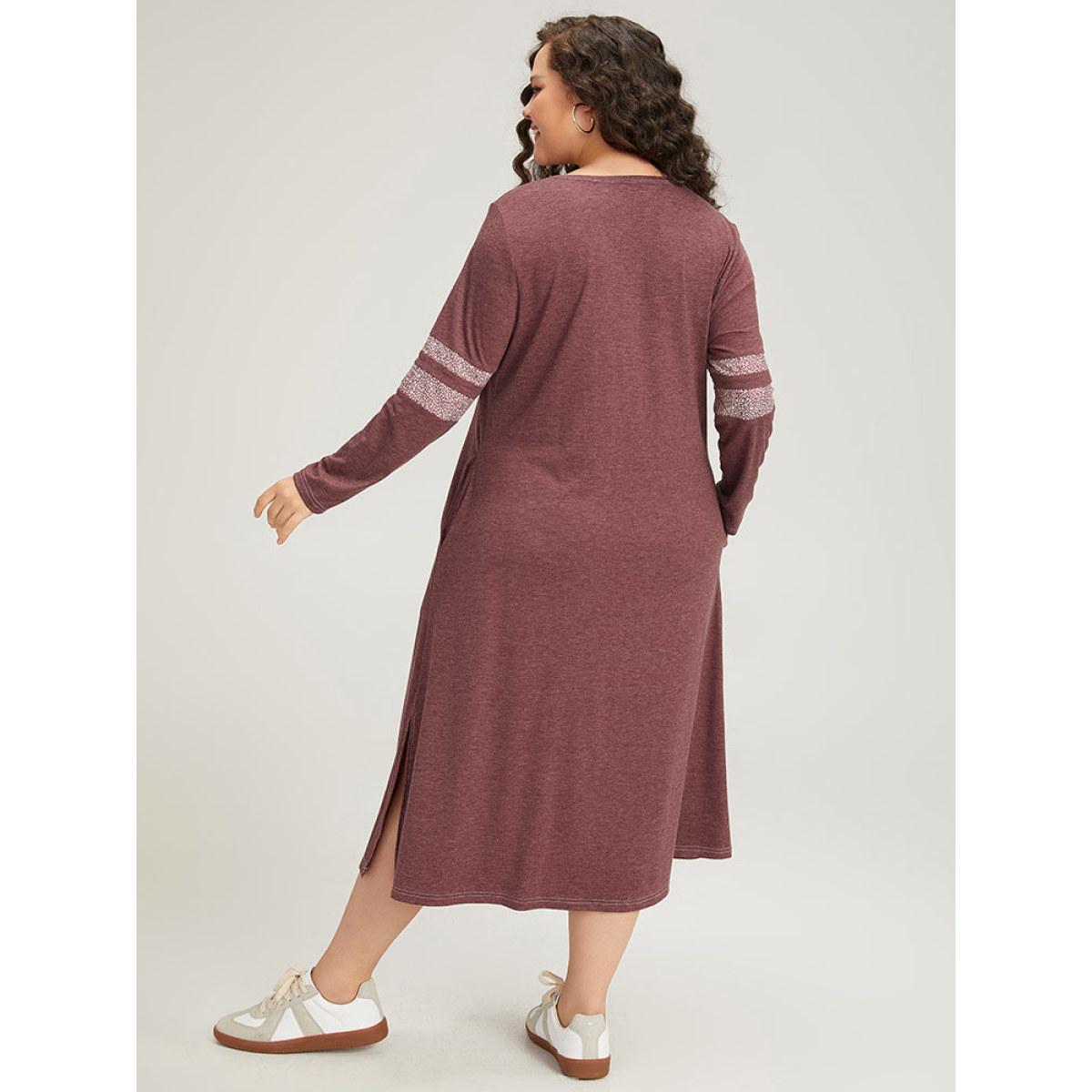 Plus Size Supersoft Essentials Leopard Print Patchwork Stitch Pocket Button Up Split Hem Dress Burgundy Women Casual Patchwork Round Neck Long Sleeve Curvy Midi Dress BloomChic 10/M Product Image