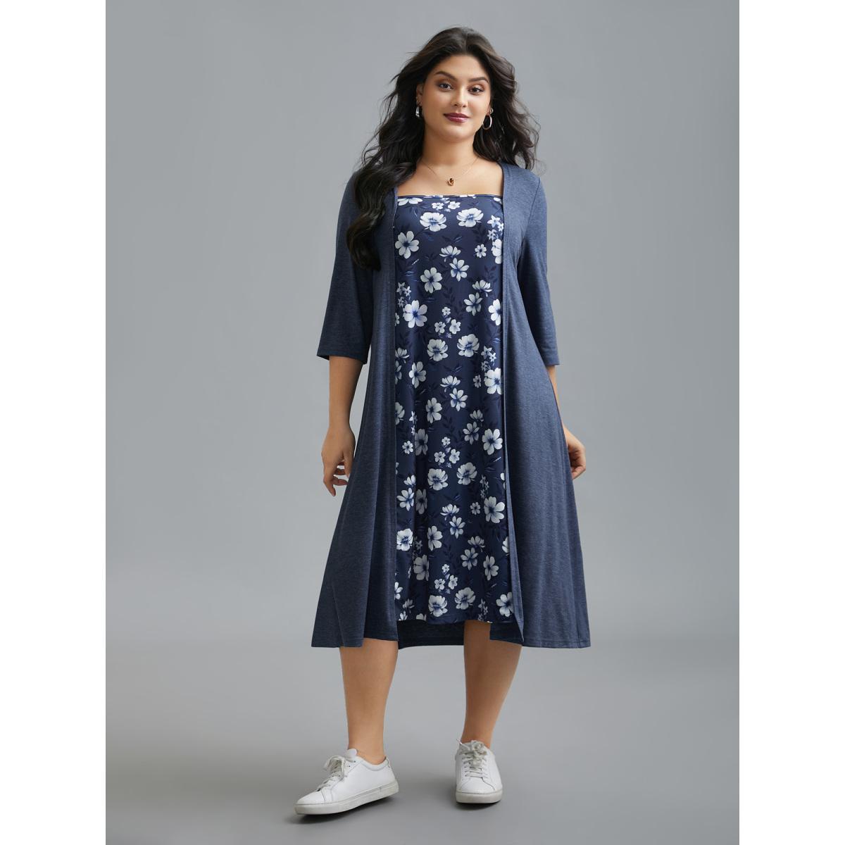 Plus Size 2-In-1 Square Neck Floral Dress DarkBlue Women Casual Patchwork Knit Dresses Bloomchic 10/M Product Image