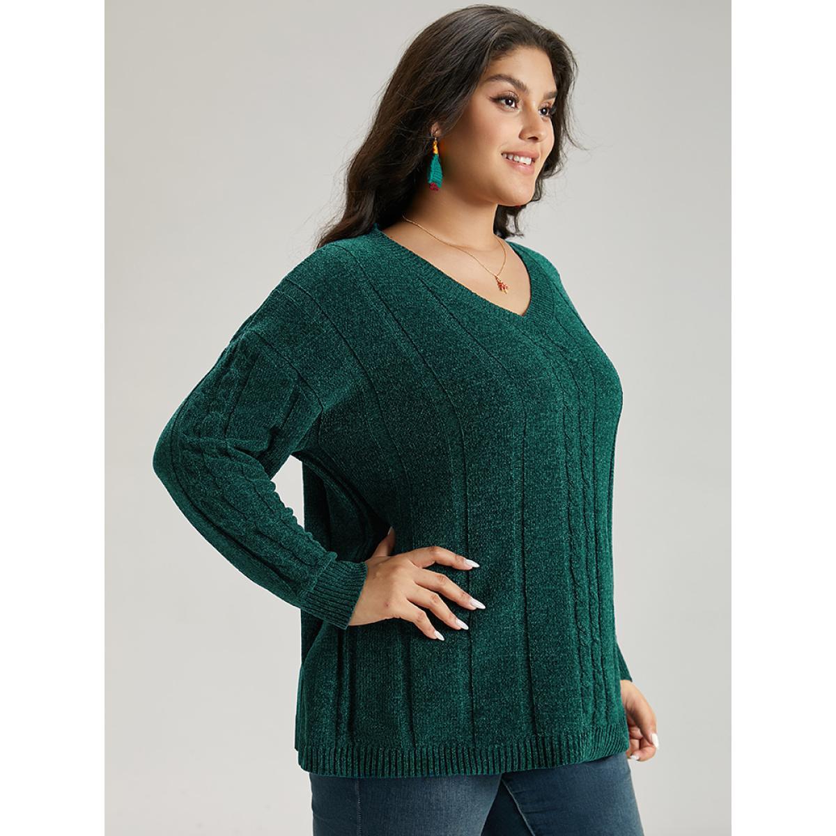 Plus Size Christmas Plain Cable Knit V Neck Pullover Emerald Women Casual Loose Long Sleeve V-neck Festival-Christmas Pullovers BloomChic 14-16/1X Product Image