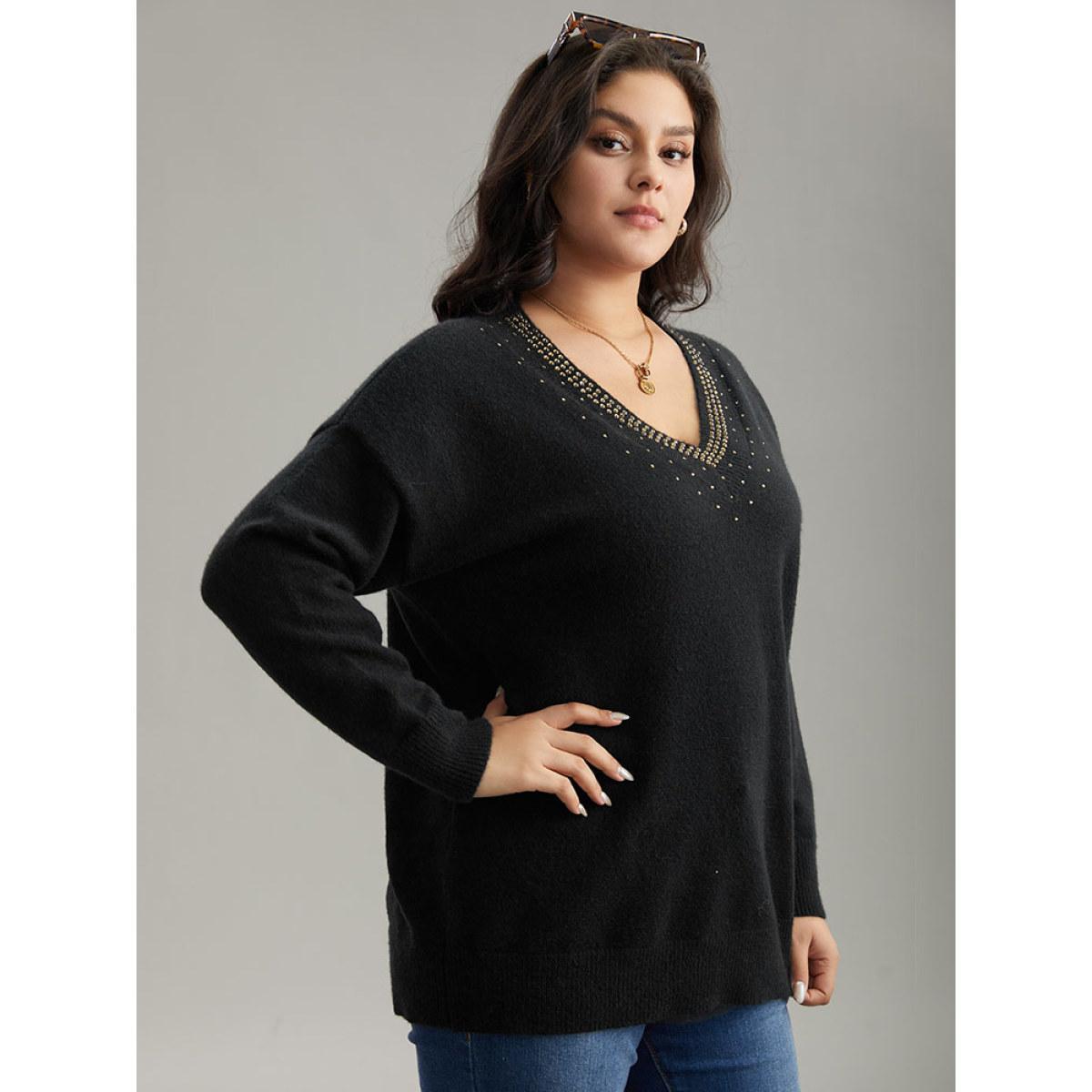 Plus Size Anti-Pilling Rhinestone Drop Shoulder Pullover Black Women Casual Loose Long Sleeve V-neck Dailywear Pullovers BloomChic 28/5X Product Image