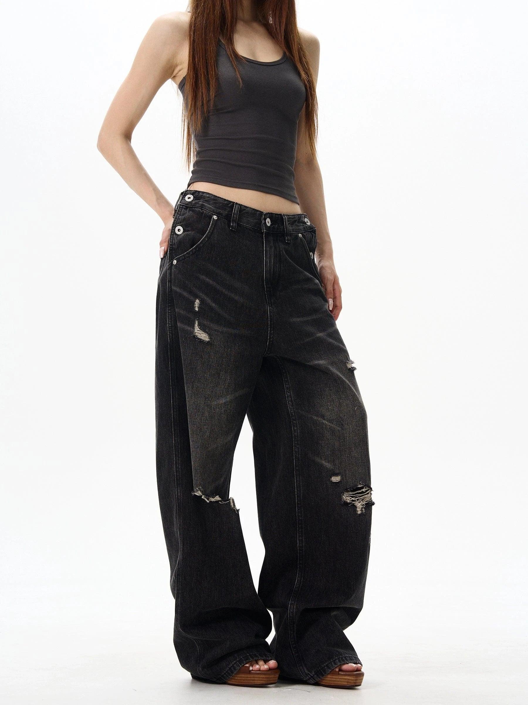 RT No. 18030 BLACK DISTRESSED DENIM STRAIGHT JEANS Product Image