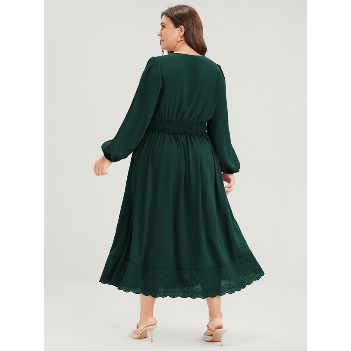 Plus Size Solid Pocket Lantern Sleeve Patchwork Ruffled Shirred Dress DarkGreen Women Elegant Plain V-neck Long Sleeve Curvy Midi Dress BloomChic 26/4X Product Image