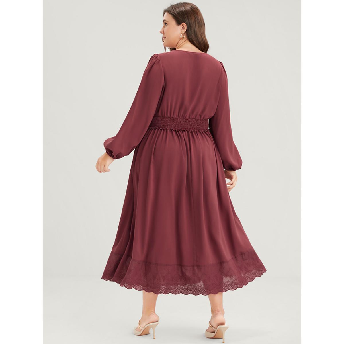 Plus Size Solid Pocket Lantern Sleeve Patchwork Ruffled Shirred Dress DustyPink Women Elegant Plain V-neck Long Sleeve Curvy Midi Dress BloomChic 28/5X Product Image