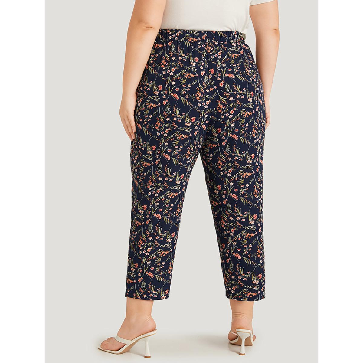 Plus Size Ditsy Floral Pocket Elastic Waist Ties Patchwork Pants Women Indigo Elegant High Rise Dailywear Pants BloomChic 22-24/3X Product Image