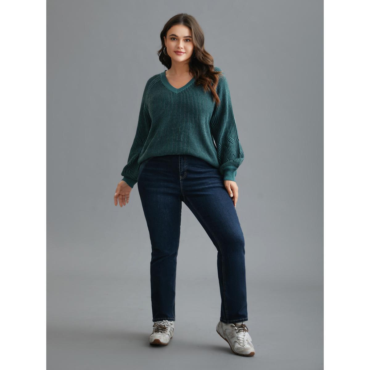 Plus Size Cable Knit V-Neck Raglan Sleeve Pullover Cyan Women Casual Loose Long Sleeve V-neck Everyday Pullovers BloomChic 30/6X Product Image