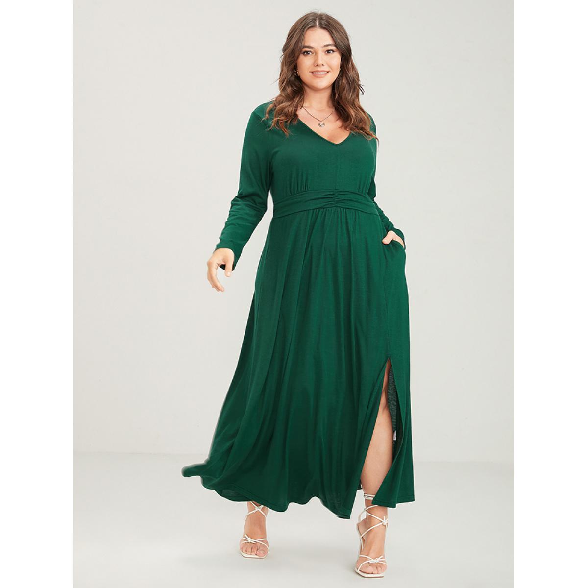 Plus Size Solid Deep V Neck Gathered Pocket Split Maxi Dress Green Women Elegant Pocket Deep V-neck Long Sleeve Curvy Long Dress BloomChic 10/M Product Image