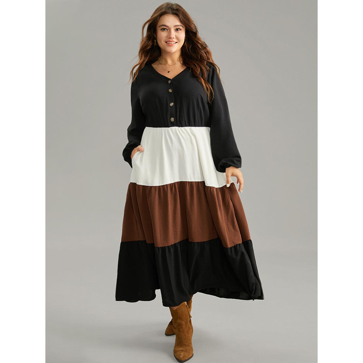 Plus Size Colorblock Patchwork Lantern Sleeve Button Detail Dress Black Women Elegant Elastic cuffs V-neck Long Sleeve Curvy Midi Dress BloomChic 12/L Product Image