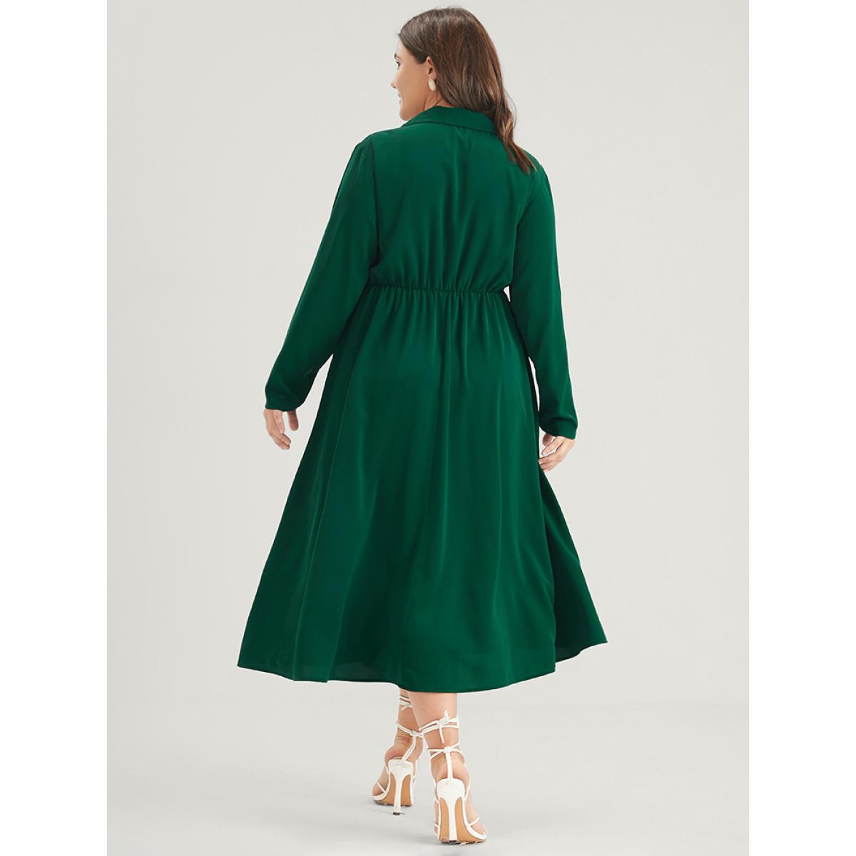 Plus Size Solid Button Pocket Flutter Knotted Shirt Collar Midi Dress DarkGreen Women Office Cross straps Shirt collar Long Sleeve Curvy Midi Dress BloomChic 28/5X Product Image
