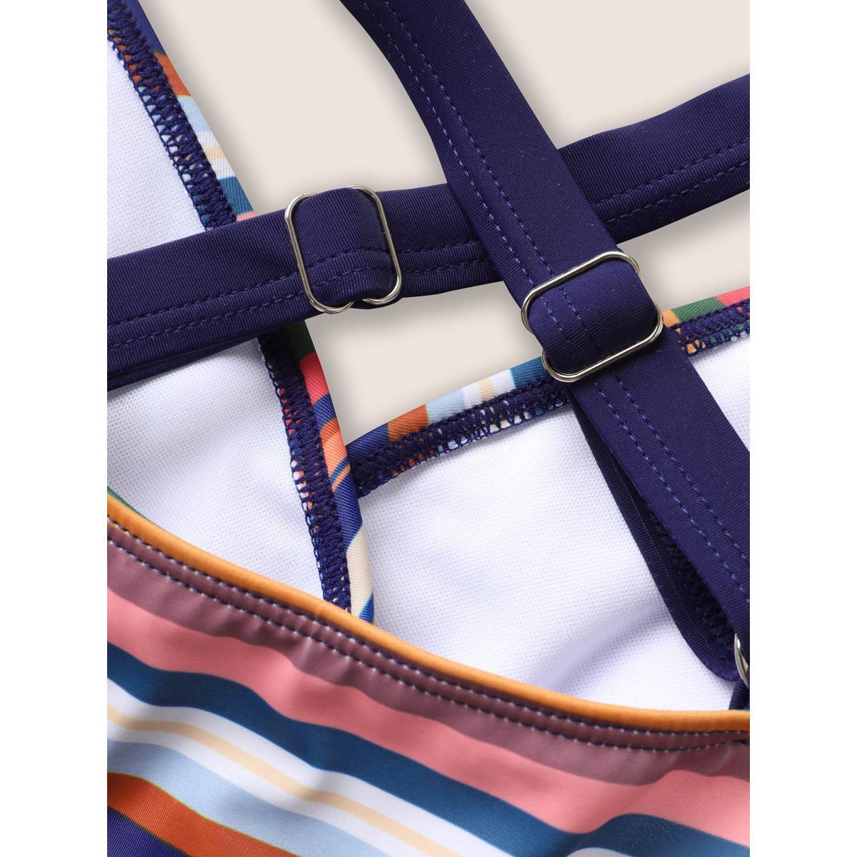Plus Size Contrast Striped Ruffle Trim Ties One Piece Swimsuit Women's Swimwear Midnight Beach Belted Curve Bathing Suits High stretch One Pieces BloomChic 26/4X Product Image