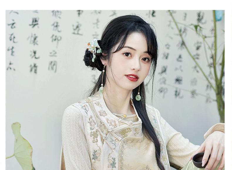 Long-Sleeve Floral Embroidered Top / High Waist Floral Jacquard Wide Leg Pants / Vest Product Image