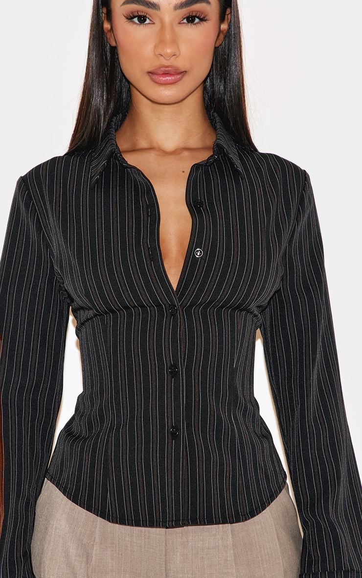 Petite Black Striped Long Sleeve Fitted Shirt Product Image