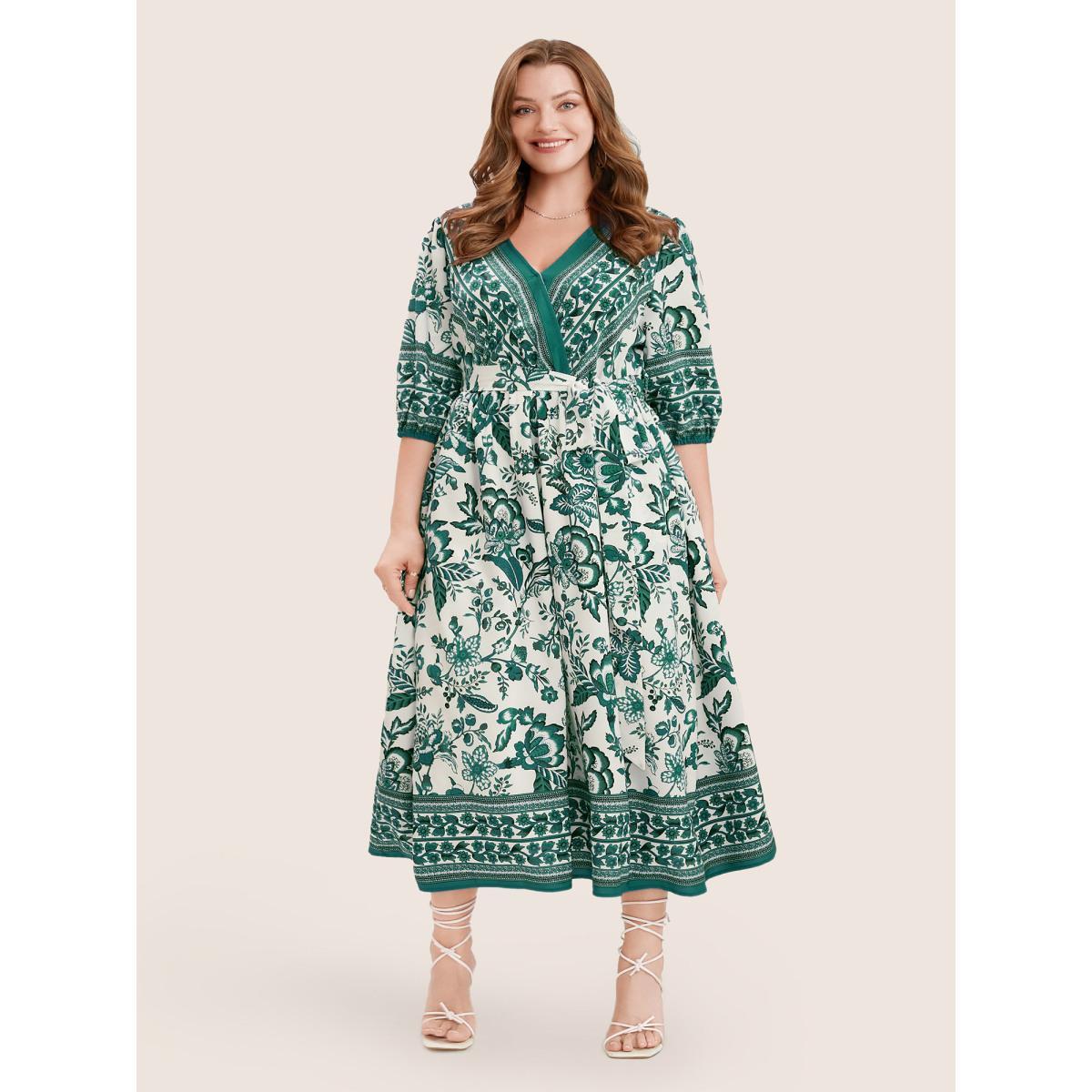 Plus Size Bandana Print Surplice Neck Lantern Sleeve Pocket Belted Midi Dress Green Women Resort Non V-neck Half Sleeve Curvy Midi Dress BloomChic 10/M Product Image